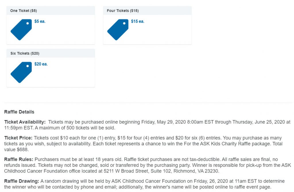 ASK Childhood Cancer Foundation's raffle tickets and Raffle Details.