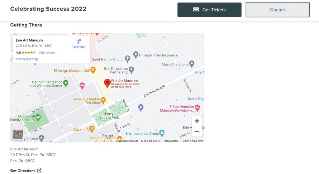 Junior Achievement of Western PA inserted a graphic of a map which shows the location of their event embedded on their registration page.