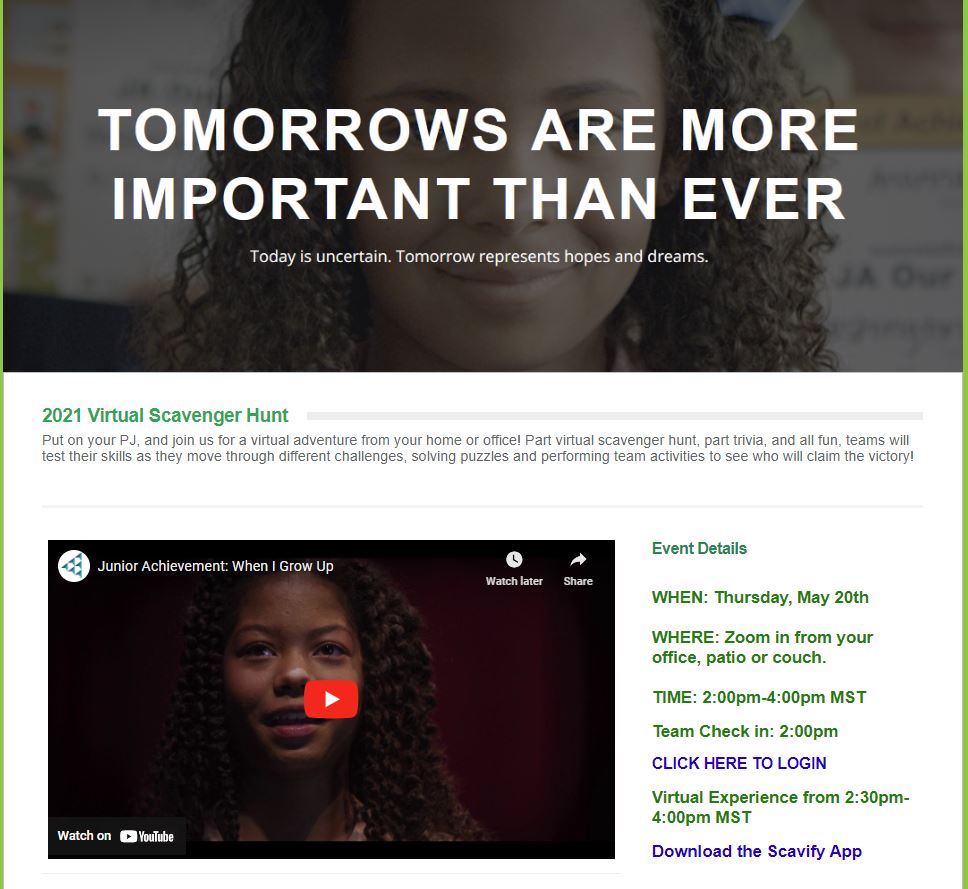 Screenshot of Junior Achievement of Arizona's Virtual Scavenger Hunt P2P event page.