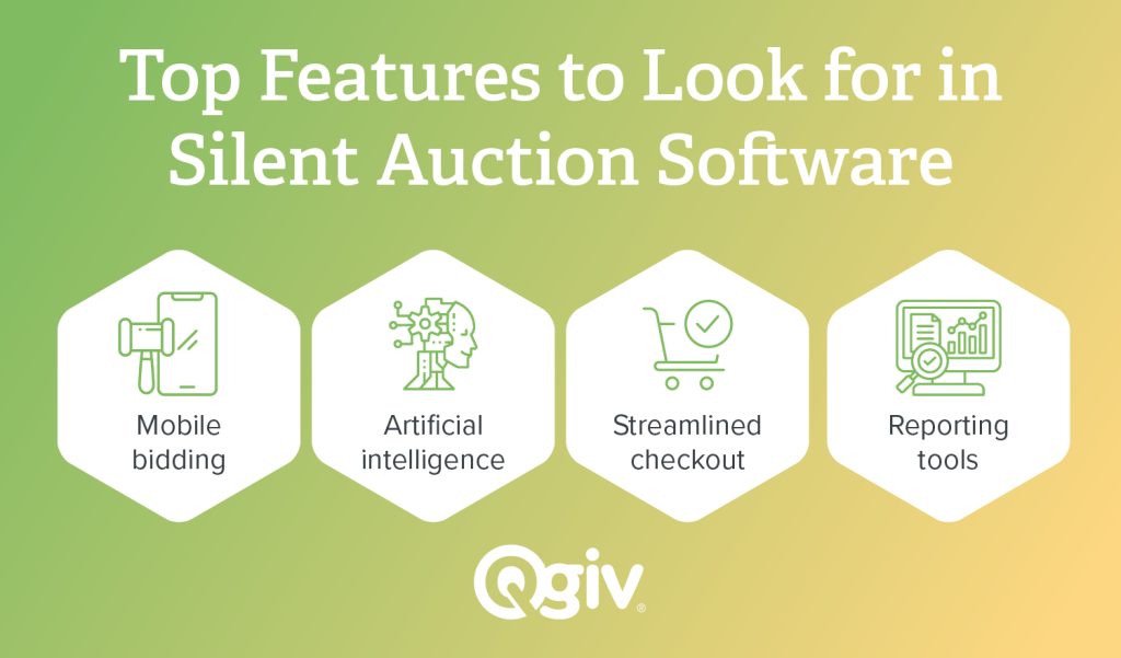 List of top features to look for in silent auction software, including mobile bidding, artificial intelligence, streamlined checkout, and reporting tools