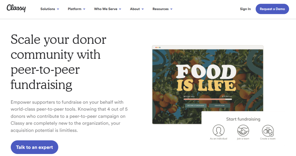 Classy website for peer-to-peer fundraising platforms