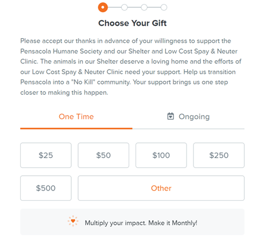 Screenshot of a donation form with a description where funds will go to (the Pensacola Humane Society) along with suggested donation amount buttons
