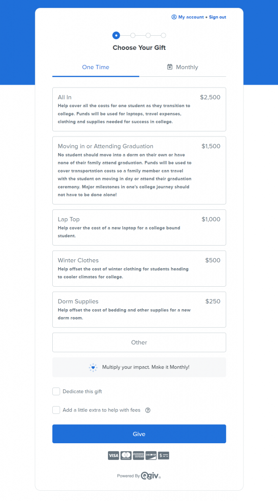 Minds Matter Southern California's donation form featuring impact statements showing how giving at each level impacts those they serve. 