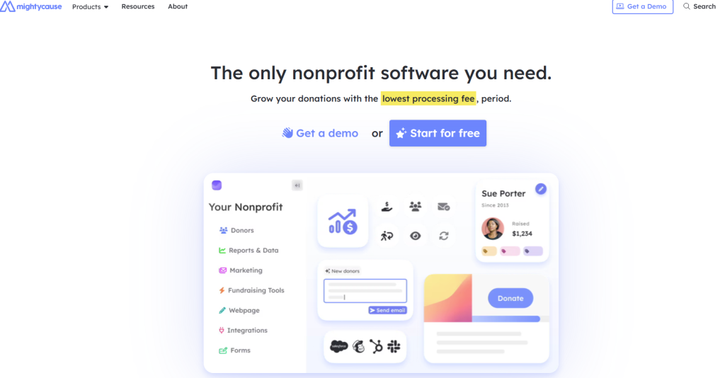 mightcause website homepage for fundraising software