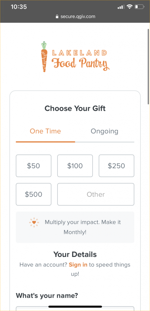 screenshot of Lakeland Food Pantry mobile donation page for mobile giving