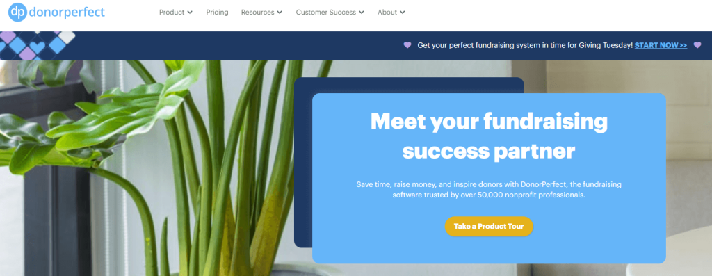 Homepage for DonorPerfect, a robust online fundraising tool