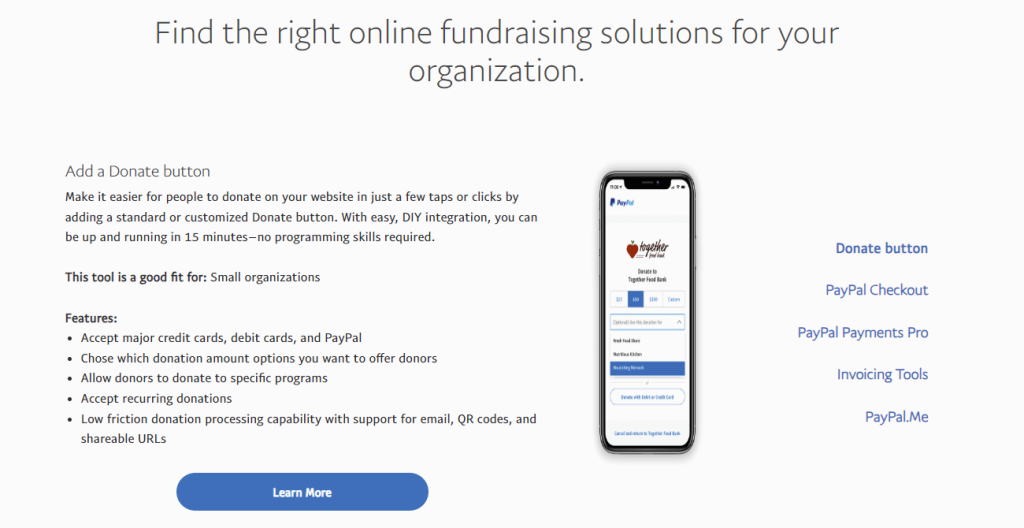 Screenshot of the PayPal for Nonprofits information page