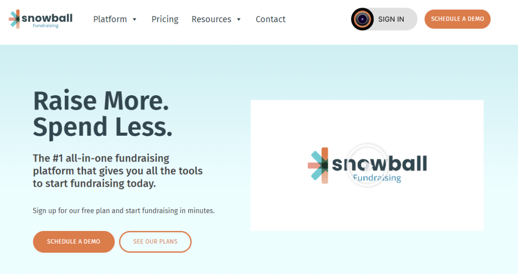 Homepage for Snowball Fundraising, an online giving platform