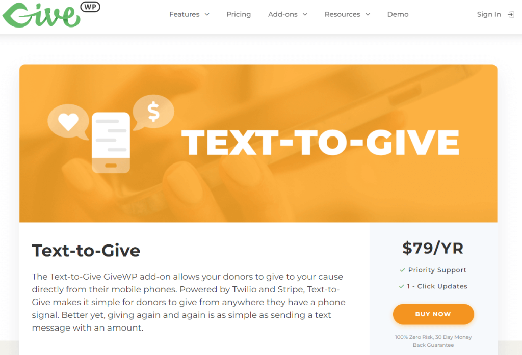 GiveWP’s text-to-give information page, with feature and pricing information