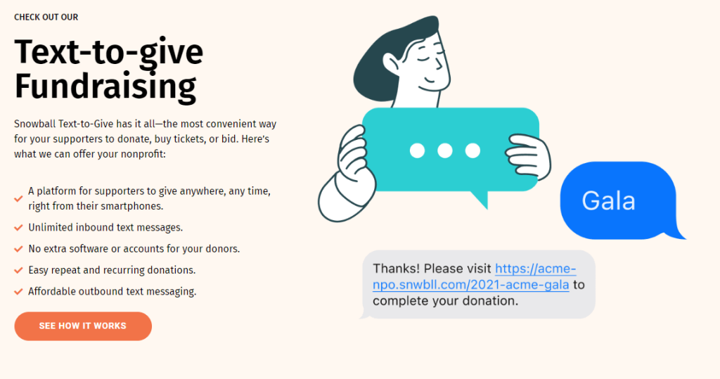 Screenshot of the Snowball Fundraising text-to-give platform information page